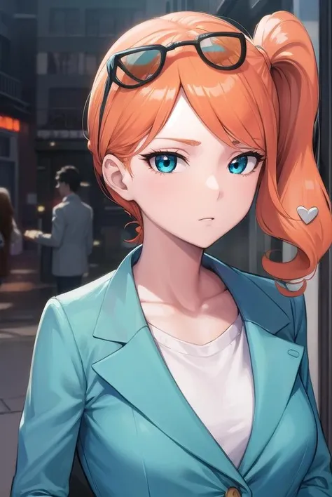 pokemonsonia, <lora:pokemonsonia-lora-nochekaiser:1>,
pokemonsonia, aqua eyes, heart, heart hair ornament, long hair, long sleeves, orange hair, side ponytail, swept bangs,
BREAK aqua footwear, aqua nails, aqua shirt, brown coat, brown jacket, coat, collarbone, eyewear on head, jacket, long sleeves, orange-tinted eyewear, pants, ribbed shirt, shirt, sunglasses, tinted eyewear,
BREAK looking at viewer, (upper body:1.2),
BREAK outdoors, city, sky, sun,
BREAK <lyco:GoodHands-beta2:1>, (masterpiece:1.2), best quality, high resolution, unity 8k wallpaper, (illustration:0.8), (beautiful detailed eyes:1.6), extremely detailed face, perfect lighting, extremely detailed CG, (perfect hands, perfect anatomy),