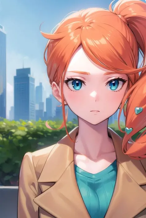 pokemonsonia, <lora:pokemonsonia-lora-nochekaiser:1>,
pokemonsonia, aqua eyes, heart, heart hair ornament, long hair, long sleeves, orange hair, side ponytail, swept bangs,
BREAK aqua footwear, aqua nails, aqua shirt, brown coat, brown jacket, coat, collarbone, eyewear on head, jacket, long sleeves, orange-tinted eyewear, pants, ribbed shirt, shirt, sunglasses, tinted eyewear,
BREAK looking at viewer, (upper body:1.2),
BREAK outdoors, city, sky, sun,
BREAK <lyco:GoodHands-beta2:1>, (masterpiece:1.2), best quality, high resolution, unity 8k wallpaper, (illustration:0.8), (beautiful detailed eyes:1.6), extremely detailed face, perfect lighting, extremely detailed CG, (perfect hands, perfect anatomy),