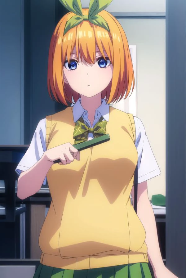 yotsubanakano, <lyco:yotsubanakanospecial-lyco-nochekaiser:1>,
yotsuba nakano, bangs, short hair, blue eyes, hair between eyes, hair ribbon, hairband, orange hair, (green ribbon:1.5),
BREAK skirt, shirt, bow, ribbon, school uniform, white shirt, short sleeves, pleated skirt, shoes, socks, collared shirt, miniskirt, bowtie, black footwear, kneehighs, green skirt, black socks, loafers, green bow, sweater vest, green ribbon, (yellow sweater vest:1.5),
BREAK indoors, classroom,
BREAK looking at viewer, (cowboy shot:1.5),
BREAK <lyco:GoodHands-beta2:1>, (masterpiece:1.2), best quality, high resolution, unity 8k wallpaper, (illustration:0.8), (beautiful detailed eyes:1.6), extremely detailed face, perfect lighting, extremely detailed CG, (perfect hands, perfect anatomy),