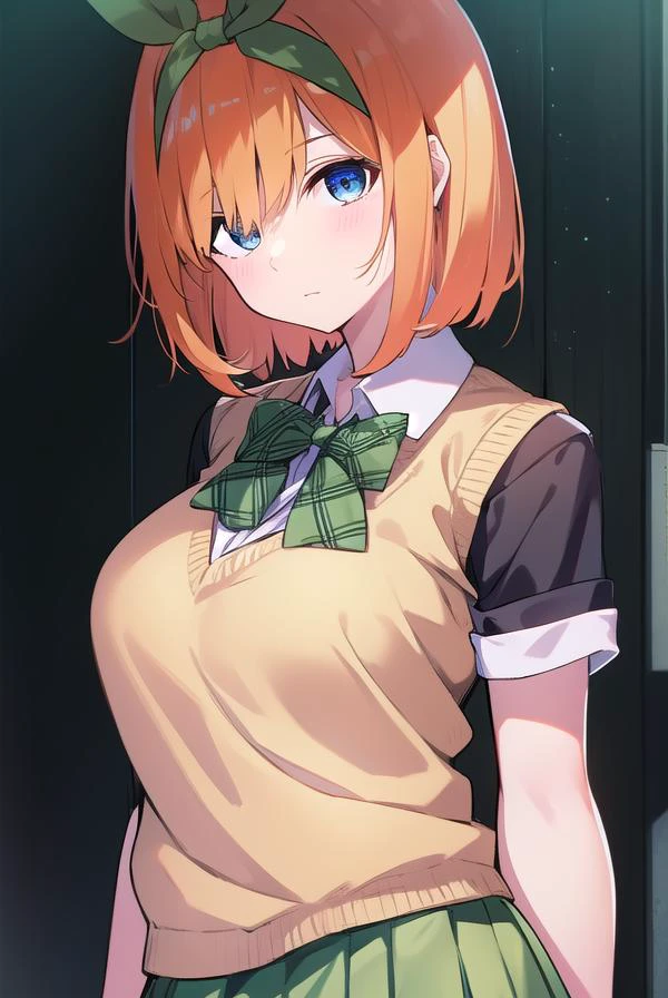 yotsubanakano, <lyco:yotsubanakano-LYCORIStest:1>, yotsuba nakano, bangs, short hair, blue eyes, hair between eyes, hair ribbon, hairband, orange hair, green ribbon,
BREAK skirt, shirt, bow, ribbon, school uniform, white shirt, short sleeves, pleated skirt, shoes, socks, collared shirt, miniskirt, bowtie, black footwear, kneehighs, green skirt, black socks, loafers, green bow, sweater vest, green ribbon,,
BREAK indoors, classroom,
BREAK looking at viewer, BREAK <lora:GoodHands-vanilla:1>, (masterpiece:1.2), best quality, high resolution, unity 8k wallpaper, (illustration:0.8), (beautiful detailed eyes:1.6), extremely detailed face, perfect lighting, extremely detailed CG, (perfect hands, perfect anatomy),