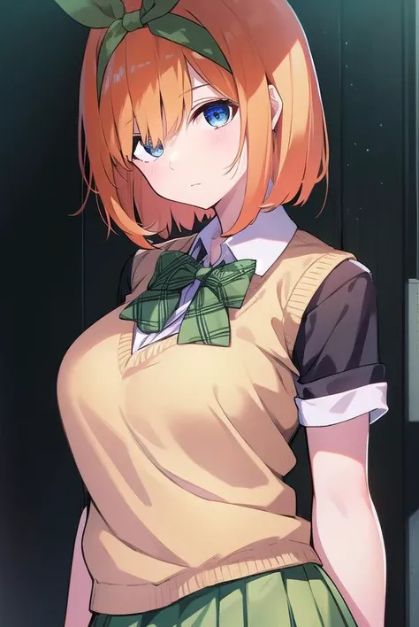 yotsubanakano, <lyco:yotsubanakano-LYCORIStest:1>, yotsuba nakano, bangs, short hair, blue eyes, hair between eyes, hair ribbon, hairband, orange hair, green ribbon,
BREAK skirt, shirt, bow, ribbon, school uniform, white shirt, short sleeves, pleated skirt, shoes, socks, collared shirt, miniskirt, bowtie, black footwear, kneehighs, green skirt, black socks, loafers, green bow, sweater vest, green ribbon,,
BREAK indoors, classroom,
BREAK looking at viewer, BREAK <lora:GoodHands-vanilla:1>, (masterpiece:1.2), best quality, high resolution, unity 8k wallpaper, (illustration:0.8), (beautiful detailed eyes:1.6), extremely detailed face, perfect lighting, extremely detailed CG, (perfect hands, perfect anatomy),