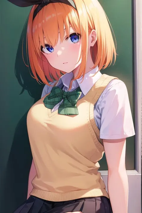 yotsubanakano, <lyco:yotsubanakano-lyco-nochekaiser:1>, 
yotsuba nakano, bangs, short hair, blue eyes, hair between eyes, hair ribbon, hairband, orange hair, green ribbon,
BREAK skirt, shirt, bow, ribbon, school uniform, white shirt, short sleeves, pleated skirt, shoes, socks, collared shirt, miniskirt, bowtie, black footwear, kneehighs, green skirt, black socks, loafers, green bow, sweater vest, green ribbon,
BREAK looking at viewer,
BREAK indoors, classroom,
BREAK <lyco:GoodHands-beta2:1>, (masterpiece:1.2), best quality, high resolution, unity 8k wallpaper, (illustration:0.8), (beautiful detailed eyes:1.6), extremely detailed face, perfect lighting, extremely detailed CG, (perfect hands, perfect anatomy),