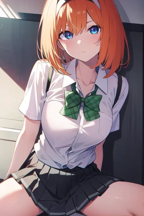 yotsubanakano, <lyco:yotsubanakano-LYCORIStest:1>, yotsuba nakano, bangs, short hair, blue eyes, hair between eyes, hair ribbon, hairband, orange hair, green ribbon,
BREAK skirt, shirt, bow, ribbon, school uniform, white shirt, short sleeves, pleated skirt, shoes, socks, collared shirt, miniskirt, bowtie, black footwear, kneehighs, green skirt, black socks, loafers, green bow, sweater vest, green ribbon,,
BREAK indoors, classroom,
BREAK looking at viewer, BREAK <lora:GoodHands-vanilla:1>, (masterpiece:1.2), best quality, high resolution, unity 8k wallpaper, (illustration:0.8), (beautiful detailed eyes:1.6), extremely detailed face, perfect lighting, extremely detailed CG, (perfect hands, perfect anatomy),