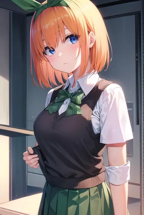 yotsubanakano, <lyco:yotsubanakano-lyco-nochekaiser:1>, 
yotsuba nakano, bangs, short hair, blue eyes, hair between eyes, hair ribbon, hairband, orange hair, green ribbon,
BREAK skirt, shirt, bow, ribbon, school uniform, white shirt, short sleeves, pleated skirt, shoes, socks, collared shirt, miniskirt, bowtie, black footwear, kneehighs, green skirt, black socks, loafers, green bow, sweater vest, green ribbon,
BREAK looking at viewer,
BREAK indoors, classroom,
BREAK <lyco:GoodHands-beta2:1>, (masterpiece:1.2), best quality, high resolution, unity 8k wallpaper, (illustration:0.8), (beautiful detailed eyes:1.6), extremely detailed face, perfect lighting, extremely detailed CG, (perfect hands, perfect anatomy),