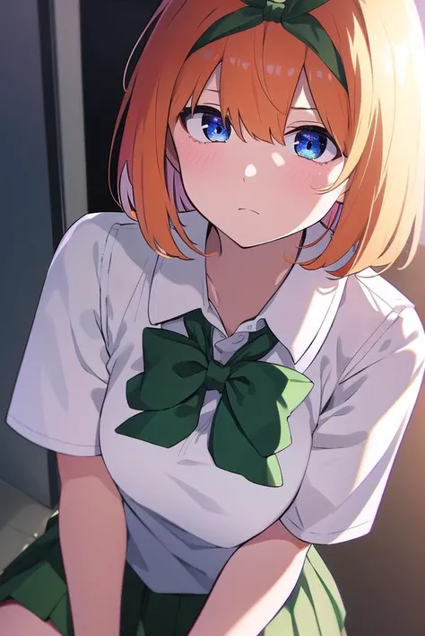 yotsubanakano, <lyco:yotsubanakano-LYCORIStest:1>, yotsuba nakano, bangs, short hair, blue eyes, hair between eyes, hair ribbon, hairband, orange hair, green ribbon,
BREAK skirt, shirt, bow, ribbon, school uniform, white shirt, short sleeves, pleated skirt, shoes, socks, collared shirt, miniskirt, bowtie, black footwear, kneehighs, green skirt, black socks, loafers, green bow, sweater vest, green ribbon,,
BREAK indoors, classroom,
BREAK looking at viewer, BREAK <lora:GoodHands-vanilla:1>, (masterpiece:1.2), best quality, high resolution, unity 8k wallpaper, (illustration:0.8), (beautiful detailed eyes:1.6), extremely detailed face, perfect lighting, extremely detailed CG, (perfect hands, perfect anatomy),