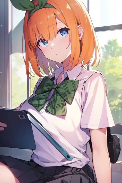 yotsubanakano, <lyco:yotsubanakano-LYCORIStest:1>, yotsuba nakano, bangs, short hair, blue eyes, hair between eyes, hair ribbon, hairband, orange hair, green ribbon,
BREAK skirt, shirt, bow, ribbon, school uniform, white shirt, short sleeves, pleated skirt, shoes, socks, collared shirt, miniskirt, bowtie, black footwear, kneehighs, green skirt, black socks, loafers, green bow, sweater vest, green ribbon,,
BREAK indoors, classroom,
BREAK looking at viewer, BREAK <lora:GoodHands-vanilla:1>, (masterpiece:1.2), best quality, high resolution, unity 8k wallpaper, (illustration:0.8), (beautiful detailed eyes:1.6), extremely detailed face, perfect lighting, extremely detailed CG, (perfect hands, perfect anatomy),