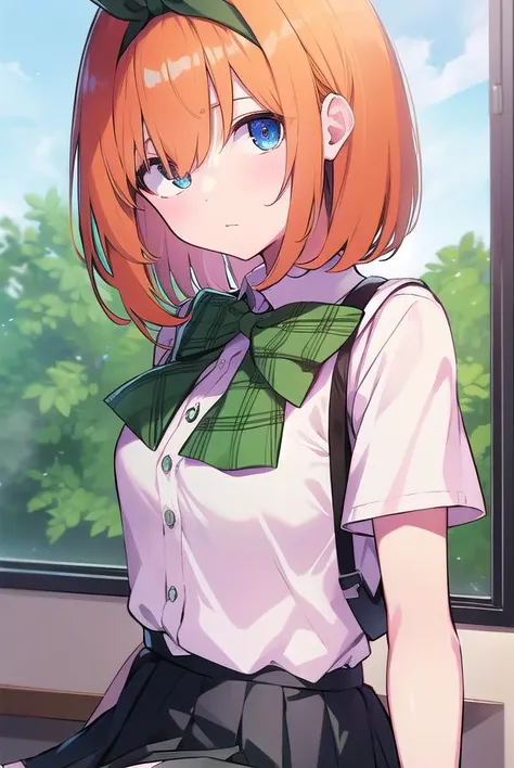 yotsubanakano, <lyco:yotsubanakano-LYCORIStest:1>, yotsuba nakano, bangs, short hair, blue eyes, hair between eyes, hair ribbon, hairband, orange hair, green ribbon,
BREAK skirt, shirt, bow, ribbon, school uniform, white shirt, short sleeves, pleated skirt, shoes, socks, collared shirt, miniskirt, bowtie, black footwear, kneehighs, green skirt, black socks, loafers, green bow, sweater vest, green ribbon,,
BREAK indoors, classroom,
BREAK looking at viewer, BREAK <lora:GoodHands-vanilla:1>, (masterpiece:1.2), best quality, high resolution, unity 8k wallpaper, (illustration:0.8), (beautiful detailed eyes:1.6), extremely detailed face, perfect lighting, extremely detailed CG, (perfect hands, perfect anatomy),