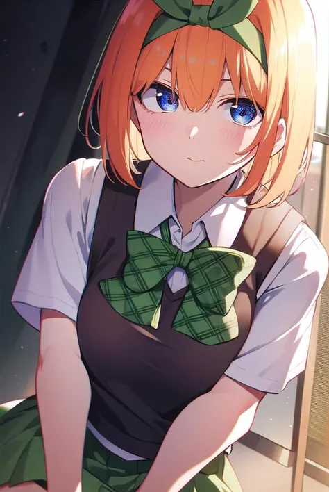 yotsubanakano, <lyco:yotsubanakano-LYCORIStest:1>, yotsuba nakano, bangs, short hair, blue eyes, hair between eyes, hair ribbon, hairband, orange hair, green ribbon,
BREAK skirt, shirt, bow, ribbon, school uniform, white shirt, short sleeves, pleated skirt, shoes, socks, collared shirt, miniskirt, bowtie, black footwear, kneehighs, green skirt, black socks, loafers, green bow, sweater vest, green ribbon,,
BREAK indoors, classroom,
BREAK looking at viewer, BREAK <lora:GoodHands-vanilla:1>, (masterpiece:1.2), best quality, high resolution, unity 8k wallpaper, (illustration:0.8), (beautiful detailed eyes:1.6), extremely detailed face, perfect lighting, extremely detailed CG, (perfect hands, perfect anatomy),