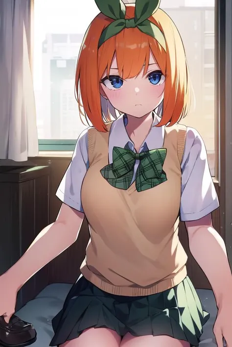 yotsubanakano, <lyco:yotsubanakano-LYCORIStest:1>, yotsuba nakano, bangs, short hair, blue eyes, hair between eyes, hair ribbon, hairband, orange hair, green ribbon,
BREAK skirt, shirt, bow, ribbon, school uniform, white shirt, short sleeves, pleated skirt, shoes, socks, collared shirt, miniskirt, bowtie, black footwear, kneehighs, green skirt, black socks, loafers, green bow, sweater vest, green ribbon,,
BREAK indoors, classroom,
BREAK looking at viewer, BREAK <lora:GoodHands-vanilla:1>, (masterpiece:1.2), best quality, high resolution, unity 8k wallpaper, (illustration:0.8), (beautiful detailed eyes:1.6), extremely detailed face, perfect lighting, extremely detailed CG, (perfect hands, perfect anatomy),