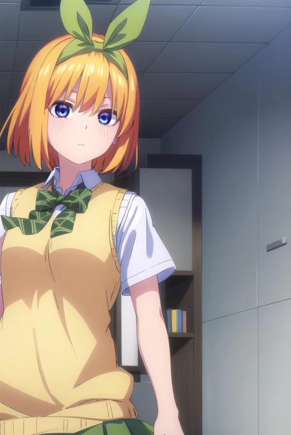 yotsubanakano, <lyco:yotsubanakanospecial-lyco-nochekaiser:1>,
yotsuba nakano, bangs, short hair, blue eyes, hair between eyes, hair ribbon, hairband, orange hair, (green ribbon:1.5),
BREAK skirt, shirt, bow, ribbon, school uniform, white shirt, short sleeves, pleated skirt, shoes, socks, collared shirt, miniskirt, bowtie, black footwear, kneehighs, green skirt, black socks, loafers, green bow, sweater vest, green ribbon, (yellow sweater vest:1.5),
BREAK indoors, classroom,
BREAK looking at viewer, (cowboy shot:1.5),
BREAK <lyco:GoodHands-beta2:1>, (masterpiece:1.2), best quality, high resolution, unity 8k wallpaper, (illustration:0.8), (beautiful detailed eyes:1.6), extremely detailed face, perfect lighting, extremely detailed CG, (perfect hands, perfect anatomy),