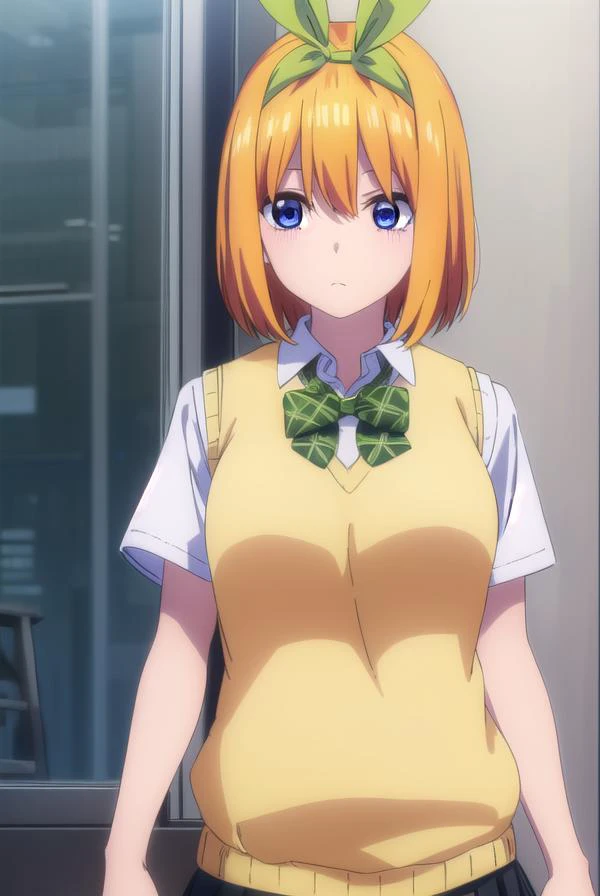 yotsubanakano, <lyco:yotsubanakanospecial-lyco-nochekaiser:1>,
yotsuba nakano, bangs, short hair, blue eyes, hair between eyes, hair ribbon, hairband, orange hair, (green ribbon:1.5),
BREAK skirt, shirt, bow, ribbon, school uniform, white shirt, short sleeves, pleated skirt, shoes, socks, collared shirt, miniskirt, bowtie, black footwear, kneehighs, green skirt, black socks, loafers, green bow, sweater vest, green ribbon, (yellow sweater vest:1.5),
BREAK indoors, classroom,
BREAK looking at viewer, (cowboy shot:1.5),
BREAK <lyco:GoodHands-beta2:1>, (masterpiece:1.2), best quality, high resolution, unity 8k wallpaper, (illustration:0.8), (beautiful detailed eyes:1.6), extremely detailed face, perfect lighting, extremely detailed CG, (perfect hands, perfect anatomy),