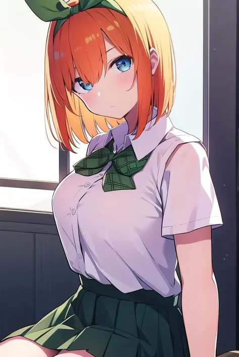 yotsubanakano, <lyco:yotsubanakano-LYCORIStest:1>, yotsuba nakano, bangs, short hair, blue eyes, hair between eyes, hair ribbon, hairband, orange hair, green ribbon,
BREAK skirt, shirt, bow, ribbon, school uniform, white shirt, short sleeves, pleated skirt, shoes, socks, collared shirt, miniskirt, bowtie, black footwear, kneehighs, green skirt, black socks, loafers, green bow, sweater vest, green ribbon,,
BREAK indoors, classroom,
BREAK looking at viewer, BREAK <lora:GoodHands-vanilla:1>, (masterpiece:1.2), best quality, high resolution, unity 8k wallpaper, (illustration:0.8), (beautiful detailed eyes:1.6), extremely detailed face, perfect lighting, extremely detailed CG, (perfect hands, perfect anatomy),