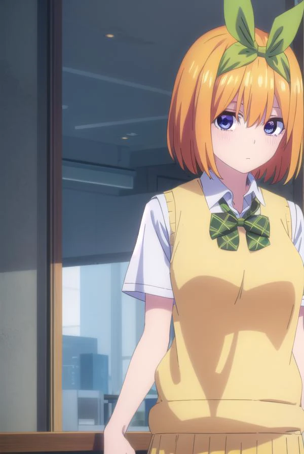 yotsubanakano, <lyco:yotsubanakanospecial-lyco-nochekaiser:1>,
yotsuba nakano, bangs, short hair, blue eyes, hair between eyes, hair ribbon, hairband, orange hair, (green ribbon:1.5),
BREAK skirt, shirt, bow, ribbon, school uniform, white shirt, short sleeves, pleated skirt, shoes, socks, collared shirt, miniskirt, bowtie, black footwear, kneehighs, green skirt, black socks, loafers, green bow, sweater vest, green ribbon, (yellow sweater vest:1.5),
BREAK indoors, classroom,
BREAK looking at viewer, (cowboy shot:1.5),
BREAK <lyco:GoodHands-beta2:1>, (masterpiece:1.2), best quality, high resolution, unity 8k wallpaper, (illustration:0.8), (beautiful detailed eyes:1.6), extremely detailed face, perfect lighting, extremely detailed CG, (perfect hands, perfect anatomy),