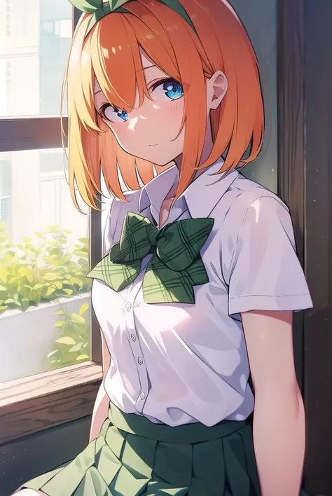 yotsubanakano, <lyco:yotsubanakano-LYCORIStest:1>, yotsuba nakano, bangs, short hair, blue eyes, hair between eyes, hair ribbon, hairband, orange hair, green ribbon,
BREAK skirt, shirt, bow, ribbon, school uniform, white shirt, short sleeves, pleated skirt, shoes, socks, collared shirt, miniskirt, bowtie, black footwear, kneehighs, green skirt, black socks, loafers, green bow, sweater vest, green ribbon,,
BREAK indoors, classroom,
BREAK looking at viewer, BREAK <lora:GoodHands-vanilla:1>, (masterpiece:1.2), best quality, high resolution, unity 8k wallpaper, (illustration:0.8), (beautiful detailed eyes:1.6), extremely detailed face, perfect lighting, extremely detailed CG, (perfect hands, perfect anatomy),