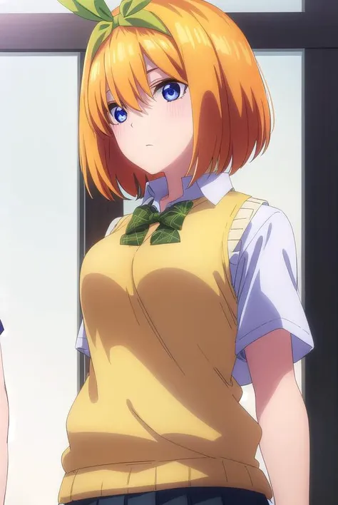 yotsubanakano, <lyco:yotsubanakanospecial-lyco-nochekaiser:1>, 
yotsuba nakano, bangs, short hair, blue eyes, hair between eyes, hair ribbon, hairband, orange hair, (green ribbon:1.5),
BREAK skirt, shirt, bow, ribbon, school uniform, white shirt, short sleeves, pleated skirt, shoes, socks, collared shirt, miniskirt, bowtie, black footwear, kneehighs, green skirt, black socks, loafers, green bow, sweater vest, green ribbon, (yellow sweater vest:1.5),
BREAK indoors, classroom,
BREAK looking at viewer, (cowboy shot:1.5),
BREAK <lyco:GoodHands-beta2:1>, (masterpiece:1.2), best quality, high resolution, unity 8k wallpaper, (illustration:0.8), (beautiful detailed eyes:1.6), extremely detailed face, perfect lighting, extremely detailed CG, (perfect hands, perfect anatomy),