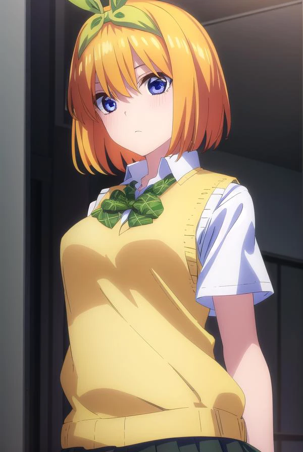 yotsubanakano, <lyco:yotsubanakanospecial-lyco-nochekaiser:1>,
yotsuba nakano, bangs, short hair, blue eyes, hair between eyes, hair ribbon, hairband, orange hair, (green ribbon:1.5),
BREAK skirt, shirt, bow, ribbon, school uniform, white shirt, short sleeves, pleated skirt, shoes, socks, collared shirt, miniskirt, bowtie, black footwear, kneehighs, green skirt, black socks, loafers, green bow, sweater vest, green ribbon, (yellow sweater vest:1.5),
BREAK indoors, classroom,
BREAK looking at viewer, (cowboy shot:1.5),
BREAK <lyco:GoodHands-beta2:1>, (masterpiece:1.2), best quality, high resolution, unity 8k wallpaper, (illustration:0.8), (beautiful detailed eyes:1.6), extremely detailed face, perfect lighting, extremely detailed CG, (perfect hands, perfect anatomy),