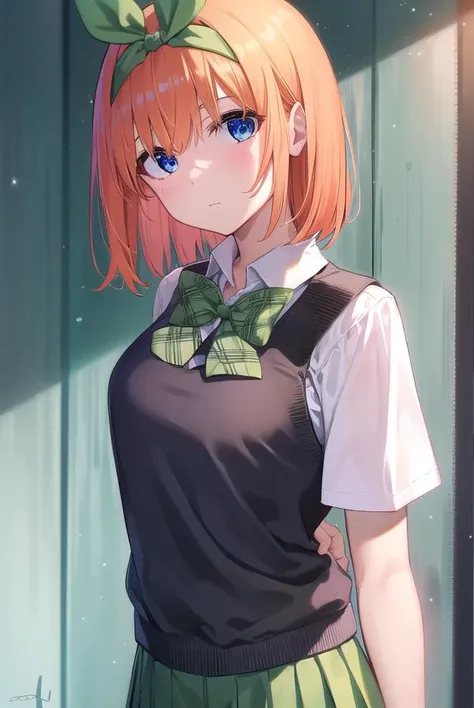 yotsubanakano, <lyco:yotsubanakano-lyco-nochekaiser:1>, 
yotsuba nakano, bangs, short hair, blue eyes, hair between eyes, hair ribbon, hairband, orange hair, green ribbon,
BREAK skirt, shirt, bow, ribbon, school uniform, white shirt, short sleeves, pleated skirt, shoes, socks, collared shirt, miniskirt, bowtie, black footwear, kneehighs, green skirt, black socks, loafers, green bow, sweater vest, green ribbon,
BREAK looking at viewer,
BREAK indoors, classroom,
BREAK <lyco:GoodHands-beta2:1>, (masterpiece:1.2), best quality, high resolution, unity 8k wallpaper, (illustration:0.8), (beautiful detailed eyes:1.6), extremely detailed face, perfect lighting, extremely detailed CG, (perfect hands, perfect anatomy),