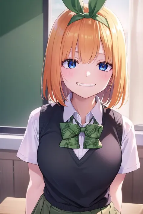 yotsubanakano, <lyco:yotsubanakano-lyco-nochekaiser:1>, 
yotsuba nakano, bangs, short hair, blue eyes, hair between eyes, hair ribbon, hairband, orange hair, green ribbon, <lora:talkmouth_I_v100:1>, smile,
BREAK skirt, shirt, bow, ribbon, school uniform, white shirt, short sleeves, pleated skirt, shoes, socks, collared shirt, miniskirt, bowtie, black footwear, kneehighs, green skirt, black socks, loafers, green bow, sweater vest, green ribbon,
BREAK looking at viewer,
BREAK indoors, classroom,
BREAK <lyco:GoodHands-beta2:1>, (masterpiece:1.2), best quality, high resolution, unity 8k wallpaper, (illustration:0.8), (beautiful detailed eyes:1.6), extremely detailed face, perfect lighting, extremely detailed CG, (perfect hands, perfect anatomy),