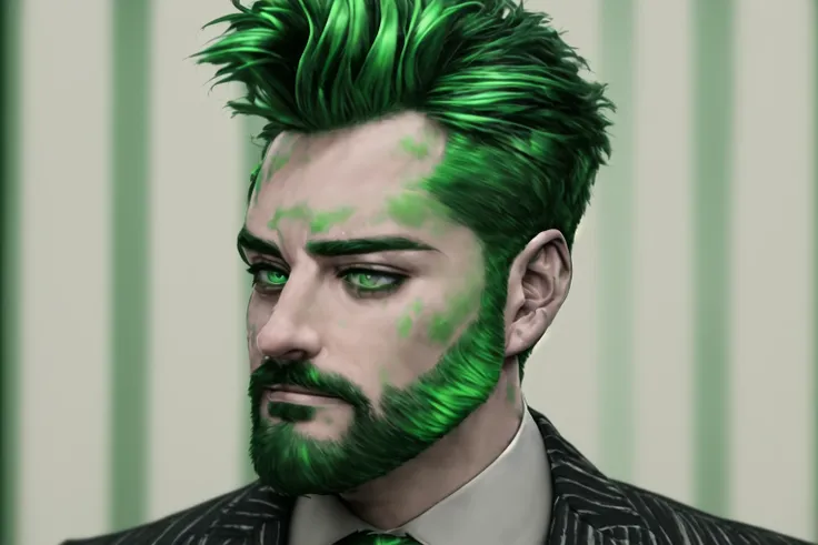 <lora:slimeTutorialFamily_beetlejuice:.6> 1boy, male focus, solo, Slime Tutorial, Alex Brightman as Beetlejuice, masculine, green hair,(masterpiece, best quality,ultra-detailed, highres, male focus), perfect face, side lighting, lustrous skin,(bloom), (shine), lighting, ray tracing, male focus, necktie, facial hair, 1boy, beard, formal, suit, green hair, striped,, bright green hair, mustache, manly, looking at viewer, green necktie, pants, shirt, jacket, pinstripe suit,depth_of_field, very detailed background, highly detailed background, Masterpiece, Ultra detailed, great composition, (Highest picture quality), (Master's work), depth of field, solo, extreme light and shadow, masterpiece, rich in detail, (highest quality), (masterpiece), (detailed eyes), (handsome) detailed, beautiful detailed eyes,(straight-on),(masterpiece), (best quality), (ultra-detailed), (best illustration),(best shadow),perfect lighting , perfect anatomy , vivid colors