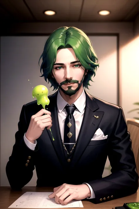 <lora:Slime Tutorial :.8> Slime Tutorial, Alex Brightman as Beetlejuice, 1boy, male focus, solo, masculine, green hair,(masterpiece, best quality, ultra-detailed, highres, male focus), perfect face, side lighting, lustrous skin,(bloom), (shine), lighting, ray tracing, male focus, necktie, facial hair, 1boy, beard, formal, suit, green hair, striped,, bright green hair, mustache, manly, looking at viewer, green necktie, \pants, shirt, jacket, pinstripe suit,depth_of_field, very detailed background, highly detailed background, Masterpiece, Ultra detailed, great composition, (Highest picture quality), (Master's work), depth of field, solo, extreme light and shadow, masterpiece, rich in detail, (highest quality), (masterpiece), (detailed eyes), (handsome) detailed, beautiful detailed eyes,(straight-on), (extremely detailed CG unity 8k wallpaper),(masterpiece), (best quality), (ultra-detailed), (best illustration),(best shadow),perfect lighting , perfect anatomy , vivid colors <lora:duskfallcrewsArtStyle_1:.3>