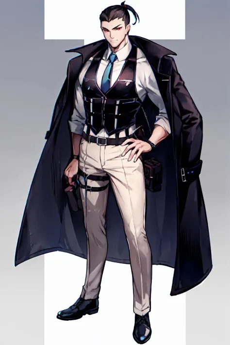 <lora:aasnsiw_v1:0.9> aasnsiw,  (1boy:1.3),, ultra detailed, masterpiece, best quality, aesthetic, detailed,, solo, smug smile, 1boy, red eyes, <lora:Tsurime3:0.7>, (tsurime:1.2), black hair, undercut, top knot, parted bangs, long bangs, bangs, short hair, hair intakes, tall,, <lora:StS-Coat-and-Jacket-On-Shoulders-Iteration2:0.7> dataset, jacket on shoulders, (coat on shoulders:1.3), black coat, dress shirt, sleeves rolled up, fingerless gloves, holster, pants, belt, multiple belts, combat boots, bulletproof vest, tactical clothes,