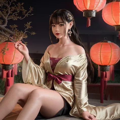 qian28, <lora:qianv24_guofeng_lora_26400:1>, 1girl, looking up, smile, teeth, parted lips, red lip, blunt bangs, (Outdoor: 1.8), (Bust Close-up: 2.9), (solo: 3.8), drunk, Hanfu, classical, medium chest, noble, holding with one hand, sexy, jade, earrings, pendants, gorgeous clothing, gorgeous color matching, gorgeous patterns, aristocratic, patterns, decorations, jewelry, hairpins, buns,Romanticism, Romantic Colors, Classical Poetry, Drunken, Lying on One's Side, Background (Night, Moonlight, Many Red Lanterns, Dim Lights, Ancient Chinese Architecture, Plum Blossoms), (Ancient Chinese Architecture: 1.8), (Chinese Style: 1.8), (Plum Blossom Scattering: 1.8), (A Branch Full of Plum Blossoms Appears from One Corner of the Picture: 1.8), (Close Up Above Thigh: 1.8), (Close up: 2.8), (Many Red Lanterns: 1.8),(Ancient Chinese Wine Pot on the Ground: 2.8), (Moonlight: 1.6), (Holding Head with One Hand), (Sitting on a Wild Stone: 2.6), (Looking up and squinting), (Strong Wind: 1.6), (Chinese Classical Style: 1.6), (Drunken: 1.8), Liquor Sprinkled, (Plum Blossom: 1.6), (Night: 2.7), (Master Light: 1,9), (Master Color: 1.9), (Master Composition: 1.9), (Masterpiece), best, 8k wallpaper, illustrations, high-definition image quality, full of storytelling, complex backgrounds,exquisite details, rich visual effects, bright colors, layered highlights, shadows and details, as well as cinematic quality, exquisite and complex, master works, official works, master lighting, movie composition, movie lighting, master composition, master color scheme, 16K, ultra clear, Wallpaper,