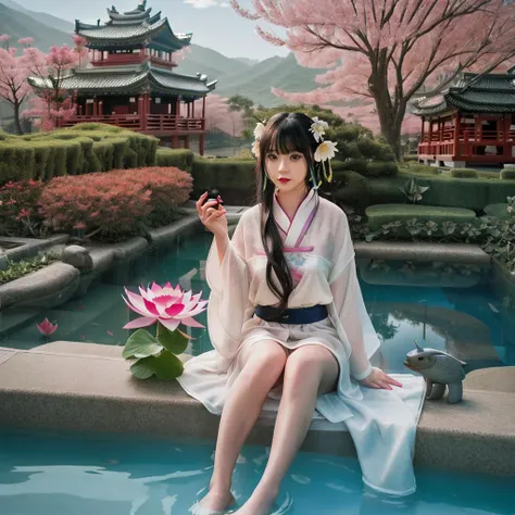 <lora:qianv24_guofeng_lora_26400:1>, qian28, 1girl, looking at viewer, smile, teeth, parted lips, blunt bangs, black hair, art by yaguru magiku,(001glitch-core, dreamcore),8sconception,alberto-mielgo,anime-background-style-v2,Super Quality,Vaporwave,Synth Wave,weirdcore,dreamy,full body,(core background:1.25),Water ring,Visual effects: lights,[[red, blue, green, yellow, black, white, pink, purple, cowboy shot, ((colorful)), ink and wash painting, delicate and beautiful girl, ((illustration)), ((floating hair)), ((chromatic aberration))]] (sitting in pool with lotus flower:1.1),(barefoot:1),(chinese style garden :1),china,Red and white,man and wife,(Flower, insect and fish),white background,full body,hanfu,red lips,light rays,east asian architecture