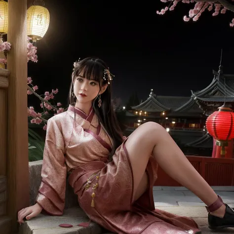 qian28, <lora:qianv24_guofeng_lora_26400:1>, 1girl, looking up, smile, teeth, parted lips, red lip, blunt bangs, (Outdoor: 1.8), (Bust Close-up: 2.9), (solo: 3.8), drunk, Hanfu, classical, medium chest, noble, holding with one hand, sexy, jade, earrings, pendants, gorgeous clothing, gorgeous color matching, gorgeous patterns, aristocratic, patterns, decorations, jewelry, hairpins, buns,Romanticism, Romantic Colors, Classical Poetry, Drunken, Lying on One's Side, Background (Night, Moonlight, Many Red Lanterns, Dim Lights, Ancient Chinese Architecture, Plum Blossoms), (Ancient Chinese Architecture: 1.8), (Chinese Style: 1.8), (Plum Blossom Scattering: 1.8), (A Branch Full of Plum Blossoms Appears from One Corner of the Picture: 1.8), (Close Up Above Thigh: 1.8), (Close up: 2.8), (Many Red Lanterns: 1.8),(Ancient Chinese Wine Pot on the Ground: 2.8), (Moonlight: 1.6), (Holding Head with One Hand), (Sitting on a Wild Stone: 2.6), (Looking up and squinting), (Strong Wind: 1.6), (Chinese Classical Style: 1.6), (Drunken: 1.8), Liquor Sprinkled, (Plum Blossom: 1.6), (Night: 2.7), (Master Light: 1,9), (Master Color: 1.9), (Master Composition: 1.9), (Masterpiece), best, 8k wallpaper, illustrations, high-definition image quality, full of storytelling, complex backgrounds,exquisite details, rich visual effects, bright colors, layered highlights, shadows and details, as well as cinematic quality, exquisite and complex, master works, official works, master lighting, movie composition, movie lighting, master composition, master color scheme, 16K, ultra clear, Wallpaper,