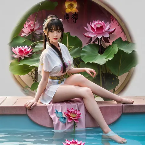 <lora:qianv24_guofeng_lora_26400:1>, qian28, 1girl, looking at viewer, smile, teeth, parted lips, blunt bangs, black hair, art by yaguru magiku,(001glitch-core, dreamcore),8sconception,alberto-mielgo,anime-background-style-v2,Super Quality,Vaporwave,Synth Wave,weirdcore,dreamy,full body,(core background:1.25),Water ring,Visual effects:movie lights,[[red, blue, green, yellow, black, white, pink, purple, cowboy shot, ((colorful)), ink and wash painting, delicate and beautiful girl, ((illustration)), ((floating hair)), ((chromatic aberration))]] (sitting in pool with lotus flower:1.1),(barefoot:1),(chinese style garden :1),china,Red and white,man and wife,(Flower, insect and fish),white background,full body,hanfu,red lips,light rays,east asian architecture