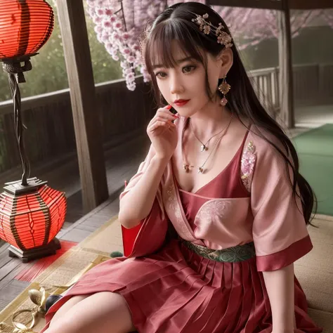 <lora:qianv24_guofeng_lora_26400:1>, qian28, 1girl, looking up, smile, teeth, parted lips, red lip, blunt bangs, (Outdoor: 1.8), (Bust Close-up: 2.9), (solo: 3.8), drunk, Hanfu, classical, medium chest, noble, holding with one hand, sexy, jade, earrings, pendants, gorgeous clothing, gorgeous color matching, gorgeous patterns, aristocratic, patterns, decorations, jewelry, hairpins, buns, Romanticism, Romantic Colors, Classical Poetry, Drunken, Lying on One's Side, Background (Night, Moonlight, Many Red Lanterns, Dim Lights, Ancient Chinese Architecture, Plum Blossoms), (Ancient Chinese Architecture: 1.8), (Chinese Style: 1.8), (Plum Blossom Scattering: 1.8), (A Branch Full of Plum Blossoms Appears from One Corner of the Picture: 1.8), (Close Up Above Thigh: 1.8), (Close up: 2.8), (Many Red Lanterns: 1.8),(Ancient Chinese Wine Pot on the Ground: 2.8), (Moonlight: 1.6), (Holding Head with One Hand), (Sitting on a Wild Stone: 2.6), (Looking up and squinting), (Strong Wind: 1.6), (Chinese Classical Style: 1.6), (Drunken: 1.8), Liquor Sprinkled, (Plum Blossom: 1.6), (Night: 2.7), (Master Light: 1,9), (Master Color: 1.9), (Master Composition: 1.9), (Masterpiece), best, 8k wallpaper, illustrations, high-definition image quality, full of storytelling, complex backgrounds,exquisite details, rich visual effects, bright colors, layered highlights, shadows and details, as well as cinematic quality, exquisite and complex, master works, official works, master lighting, composition, movieting, master composition, master color scheme, 16K, ultra clear, Wallpaper,