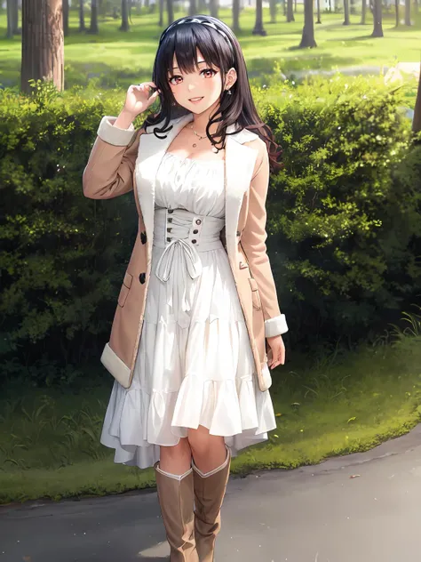 (extremely detailed CG), (best quality), perfect face, shiny skin, lustrous skin,wide hips,narrow waist, 1girl  ,solo <lora:AhimGokai-10:0.7> AhimGokai long sleeves,ring,knee boots,white dress,coat,hairband, necklace,jewelry, boots, long hair, dress, black hair, smile, forest background, standing,