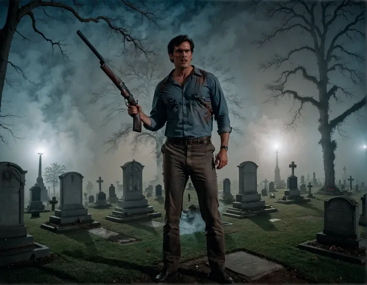 a photo of ashwll man wearing shirt and pants,full body shot,holding a double-barreled shotgun,cinematic,volumetric fog,film grain,in a cemetery at night