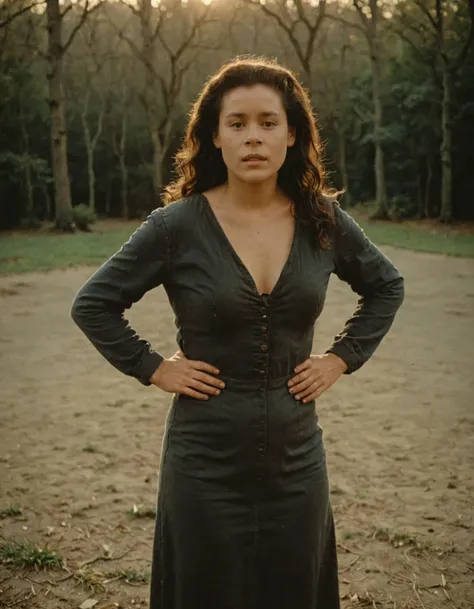 a photo of sheila standing outside,cinematic,film grain,full body shot