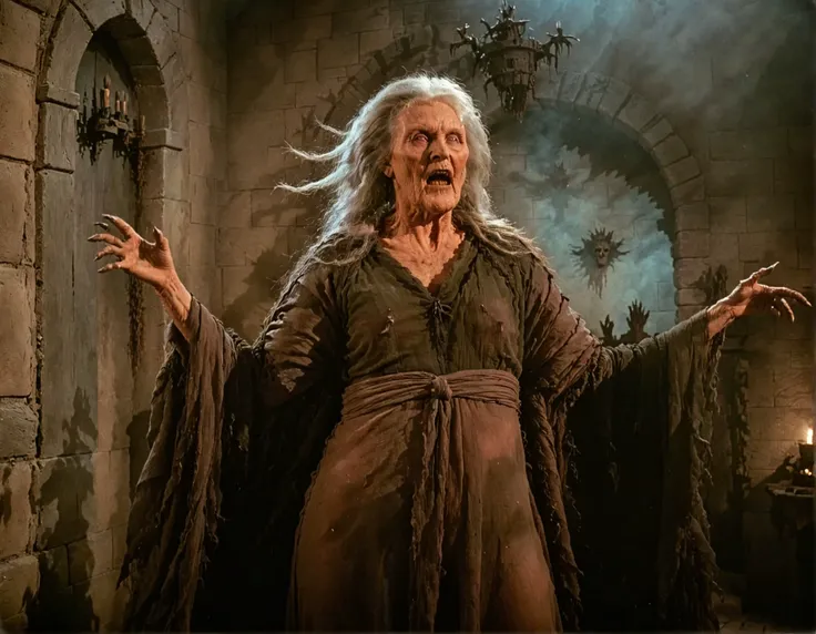 a photo of possessed witch in a castle,cinematic,film grain