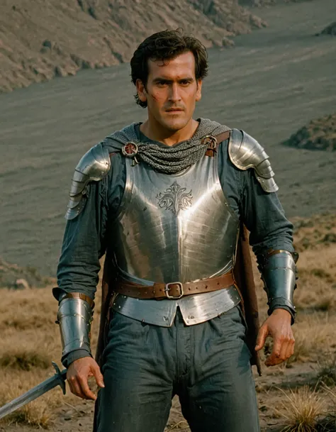 a photo of ashwll man,wearing mail armor,cinematic,film grain,full body shot