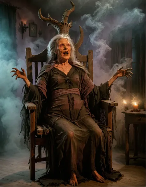 a photo of possessed witch sitting on a chair,full body shot,cinematic,volumetric fog