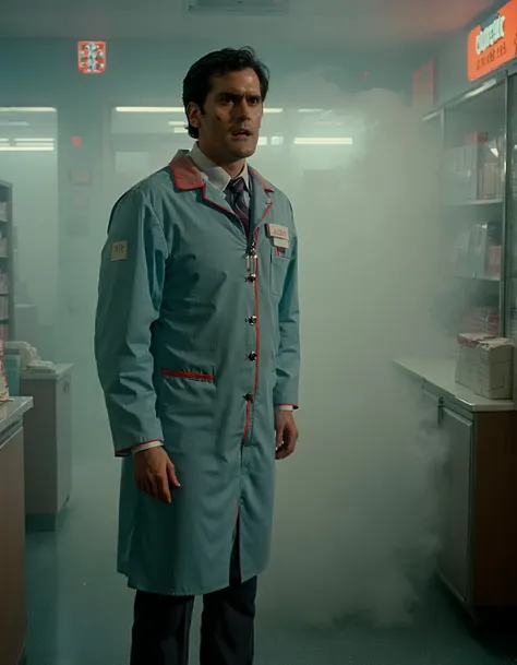 a photo of ashwll man wearing clerk outfit,full body shot,cinematic,volumetric fog,film grain