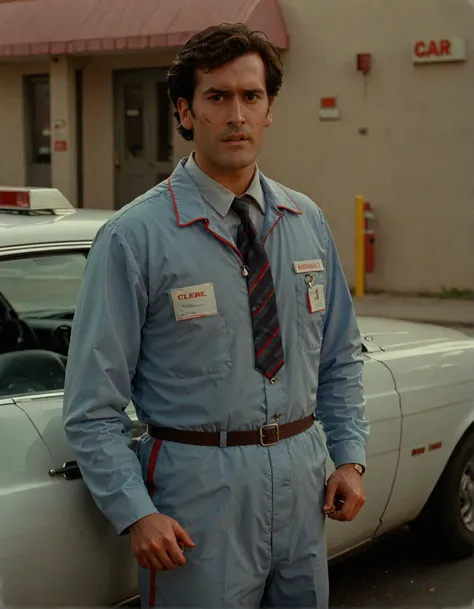 a photo of ashwll man,wearing clerk outfit near a car,cinematic,film grain,full body shot