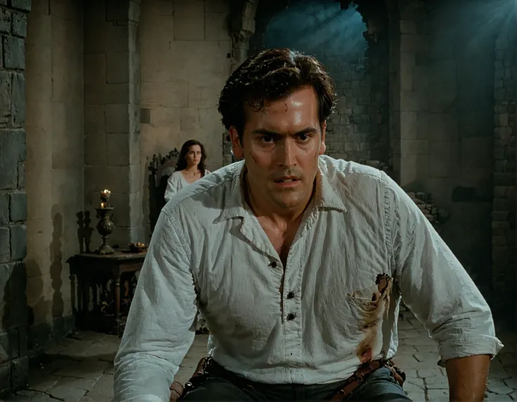 a photo of ashwll man wearing white shirt,sitting in a castle,cinematic,film grain