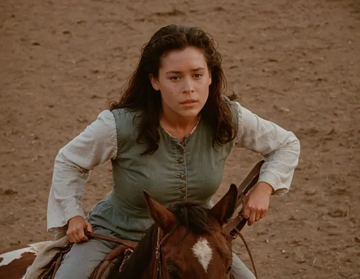 a photo of sheila sitting on a horse,cinematic,film grain