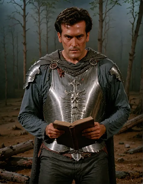 a photo of ashwll man wearing mail armor,cinematic,film grain,full body shot,reading the necronomicon book