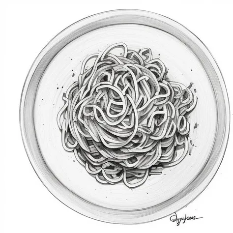 sketch artstyle, a disk of scattered spaghetti with tomato sauce and bacon and spice, ((grayscale)), monochrome