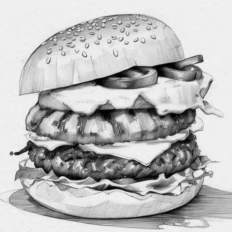 sketch artstyle, a steaming hot and delicious burger with bacon and yellow cheese, ((grayscale)), monochrome