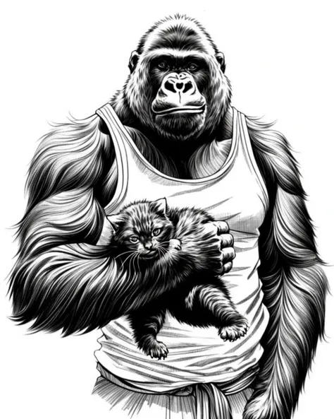 sketch artstyle, a gorilla wearing a tank top, looking at camera, half shot, monochrome, white background, highly detailed, strong contrast, intricate, very bright image, sunshine, BREAK
holding a cute kitten,
<lora:add_detail:0> <lora:LowRA:-.6>