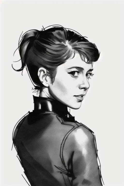 1girl, maryWin6, sketch artstyle, techwear jacket, grayscale, monochrome