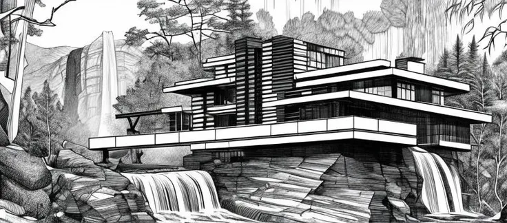 a home in the woods, Western Pennsylvania, waterfall, Frank Lloyd Wright design, smoke from the chimney, (falling water, view from the waterfall:1.2), artistic masterpiece, best quality, illustration, black and white sketch