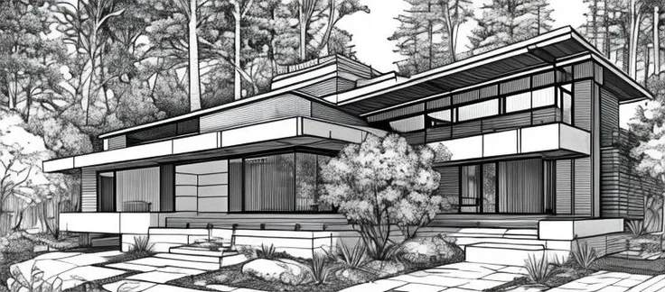 a home in the woods, redwood trees in background, small garden in the back, Frank Lloyd Wright design, smoke from the chimney,  stone slab walkway to the front door, flower-lined, artistic masterpiece, best quality, illustration, black and white sketch