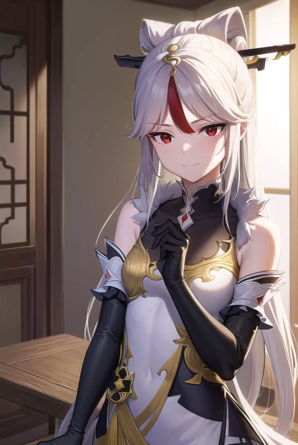ningguang, <lora:ningguang-lora-nochekaiser:1>,
ningguang, grey hair, hair ornament, hairpin, long hair, parted bangs, (red eyes:1.5), sidelocks, streaked hair, red hair, <lora:smirkingeye_v100:1>, <lora:smirkingmouth_v100:1>, smile,
BREAK bare shoulders, black gloves, chinese clothes, claw ring, detached sleeves, dress, elbow gloves, frilled sleeves, frills, fur collar, gloves, jewelry, pelvic curtain, sleeveless, sleeveless dress, white dress,
BREAK looking at viewer, full body, (cowboy shot:1.5),
BREAK indoors,
BREAK <lyco:GoodHands-beta2:1>, (masterpiece:1.2), best quality, high resolution, unity 8k wallpaper, (illustration:0.8), (beautiful detailed eyes:1.6), extremely detailed face, perfect lighting, extremely detailed CG, (perfect hands, perfect anatomy),