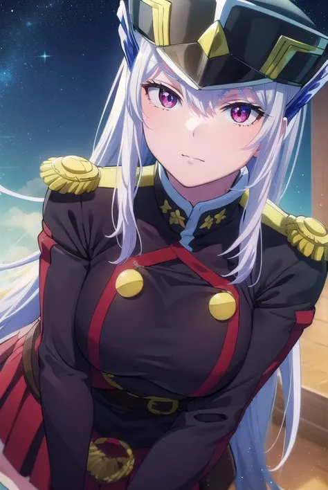 kyoukauzen, <lora:kyouka uzen s1-lora-nochekaiser:1>,
kyouka uzen, long hair, (red eyes:1.3), very long hair, white hair,
BREAK thighhighs, gloves, hat, boots, belt, sword, uniform, zettai ryouiki, military, military uniform, thigh boots, shako cap,
BREAK outdoors, space, starry sky, star \(sky\), moon,
BREAK looking at viewer, (cowboy shot:1.5),
BREAK <lyco:GoodHands-beta2:1>, (masterpiece:1.2), best quality, high resolution, unity 8k wallpaper, (illustration:0.8), (beautiful detailed eyes:1.6), extremely detailed face, perfect lighting, extremely detailed CG, (perfect hands, perfect anatomy),