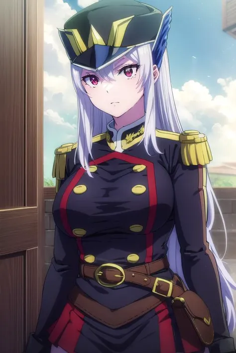 anju_emma, purple hair, long hair, blue eyes, large breasts, military uniform, green outfit, cowboy shot, smile, looking at viewer, anime coloring, <lora:XL-AnjuEmma:1>, (masterpiece),(best quality),(ultra-detailed),(best illustration),(best shadow),(absurdres),(detailed background),(very aesthetic),